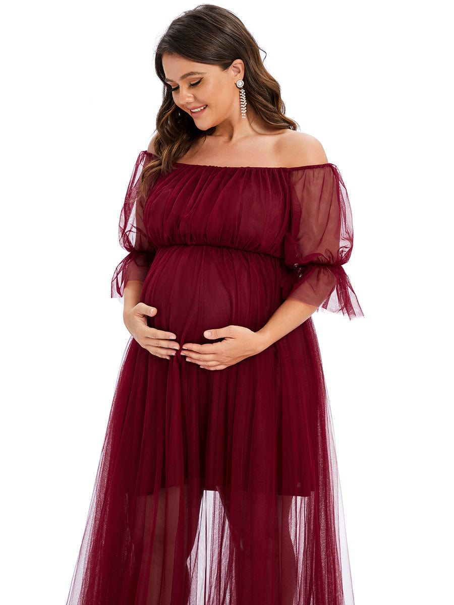 Plus Size Off the Shoulder Pleated Maxi Tulle Maternity Dress