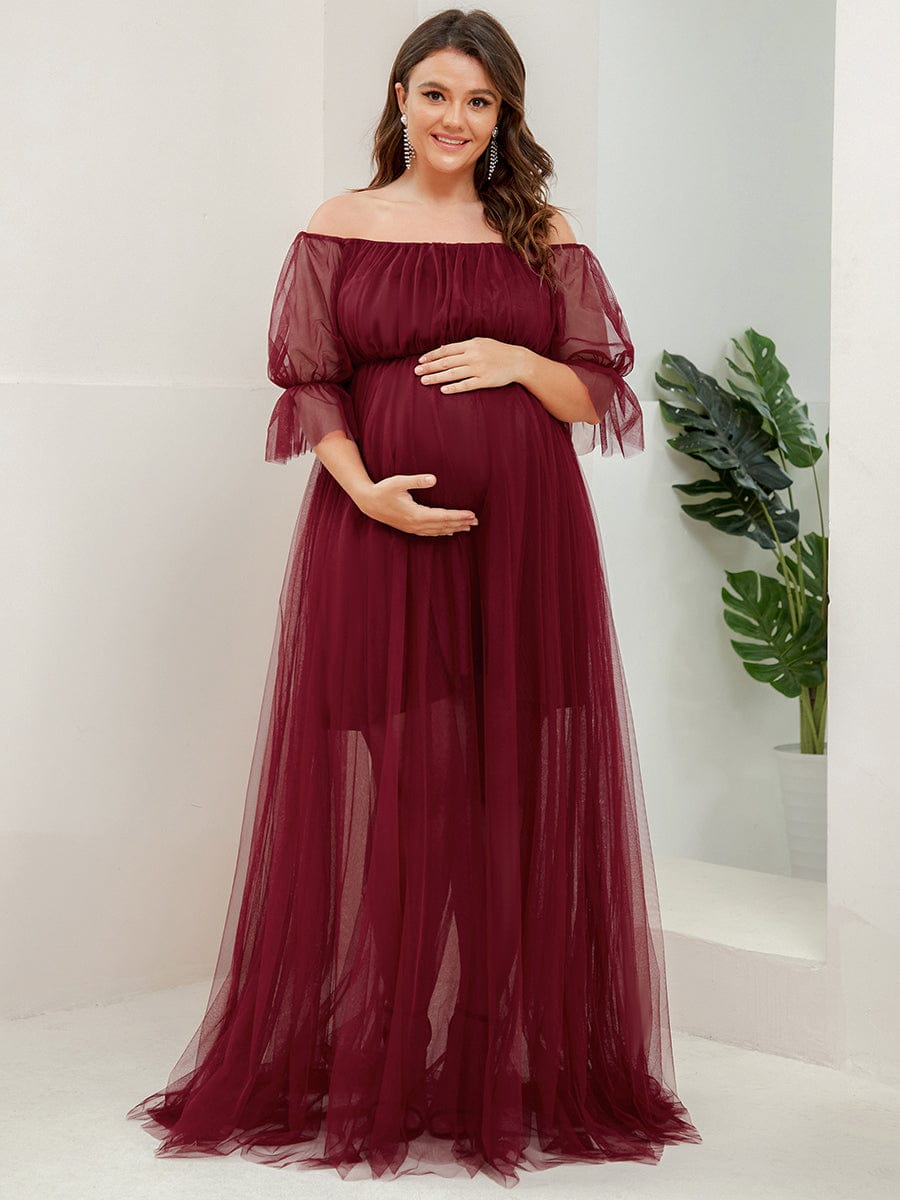 Off the Shoulder Pleated Tulle Maxi Maternity Dress