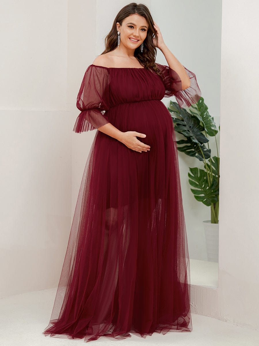 Plus Size Off the Shoulder Pleated Maxi Tulle Maternity Dress