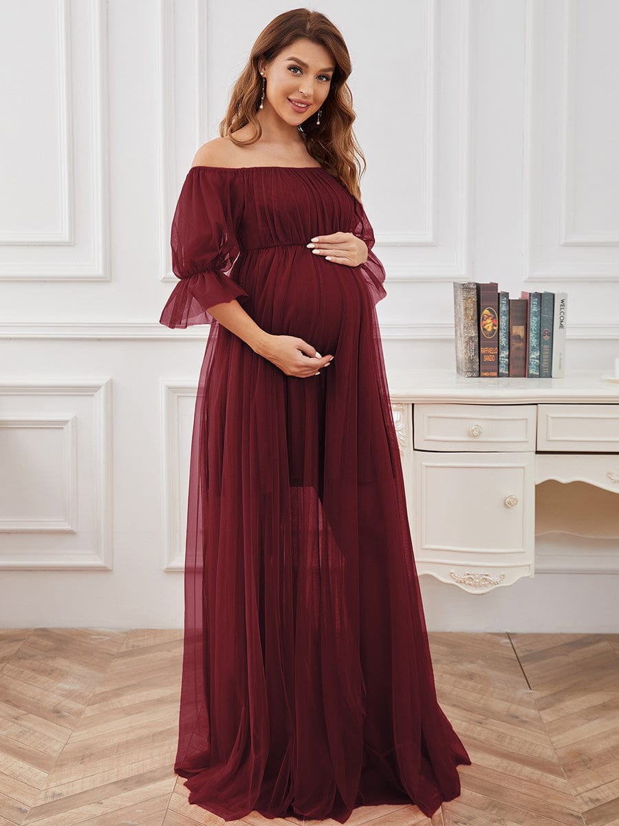 Off the Shoulder Pleated Tulle Maxi Maternity Dress