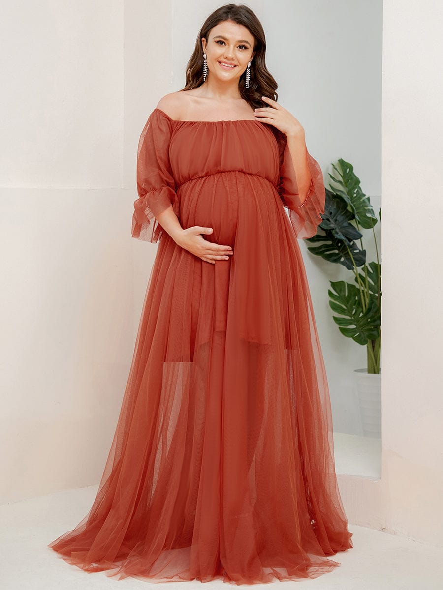 Plus Size Off the Shoulder Pleated Maxi Tulle Maternity Dress