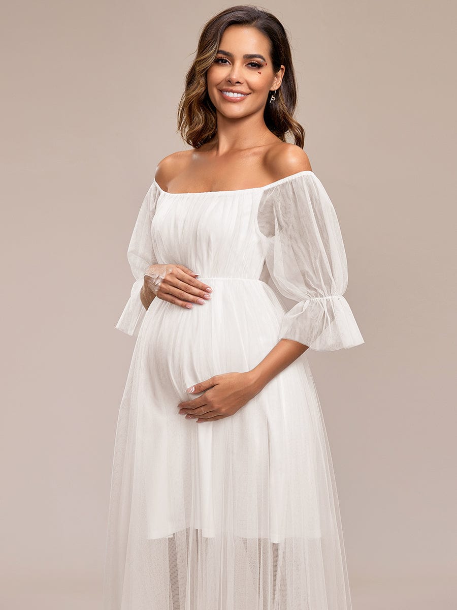 Off the Shoulder Pleated Tulle Maxi Maternity Dress