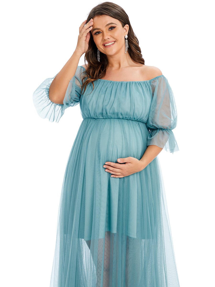 Plus Size Off the Shoulder Pleated Maxi Tulle Maternity Dress