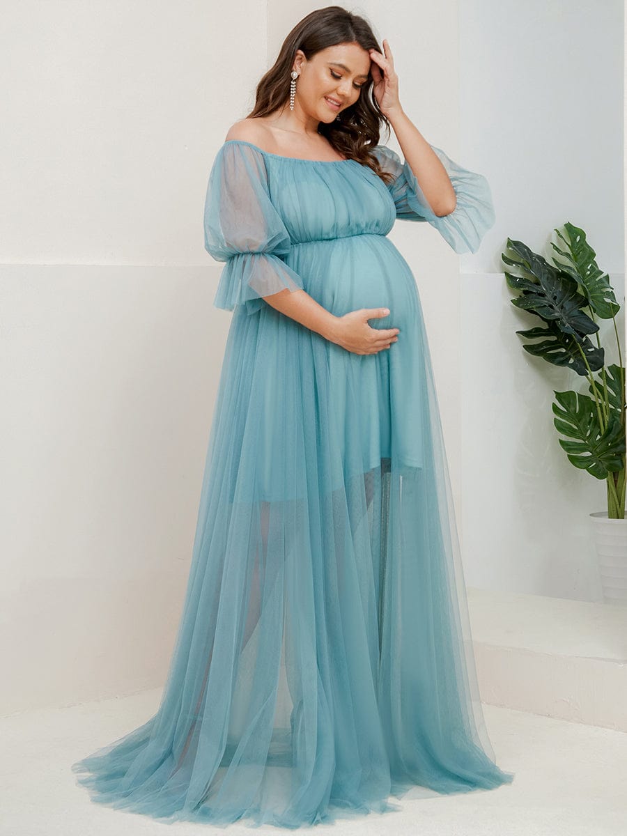 Plus Size Off the Shoulder Pleated Maxi Tulle Maternity Dress