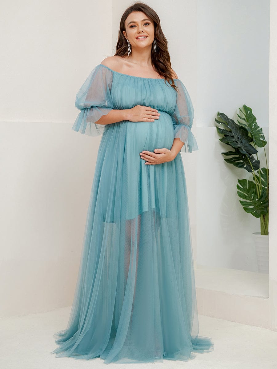 Plus Size Off the Shoulder Pleated Maxi Tulle Maternity Dress