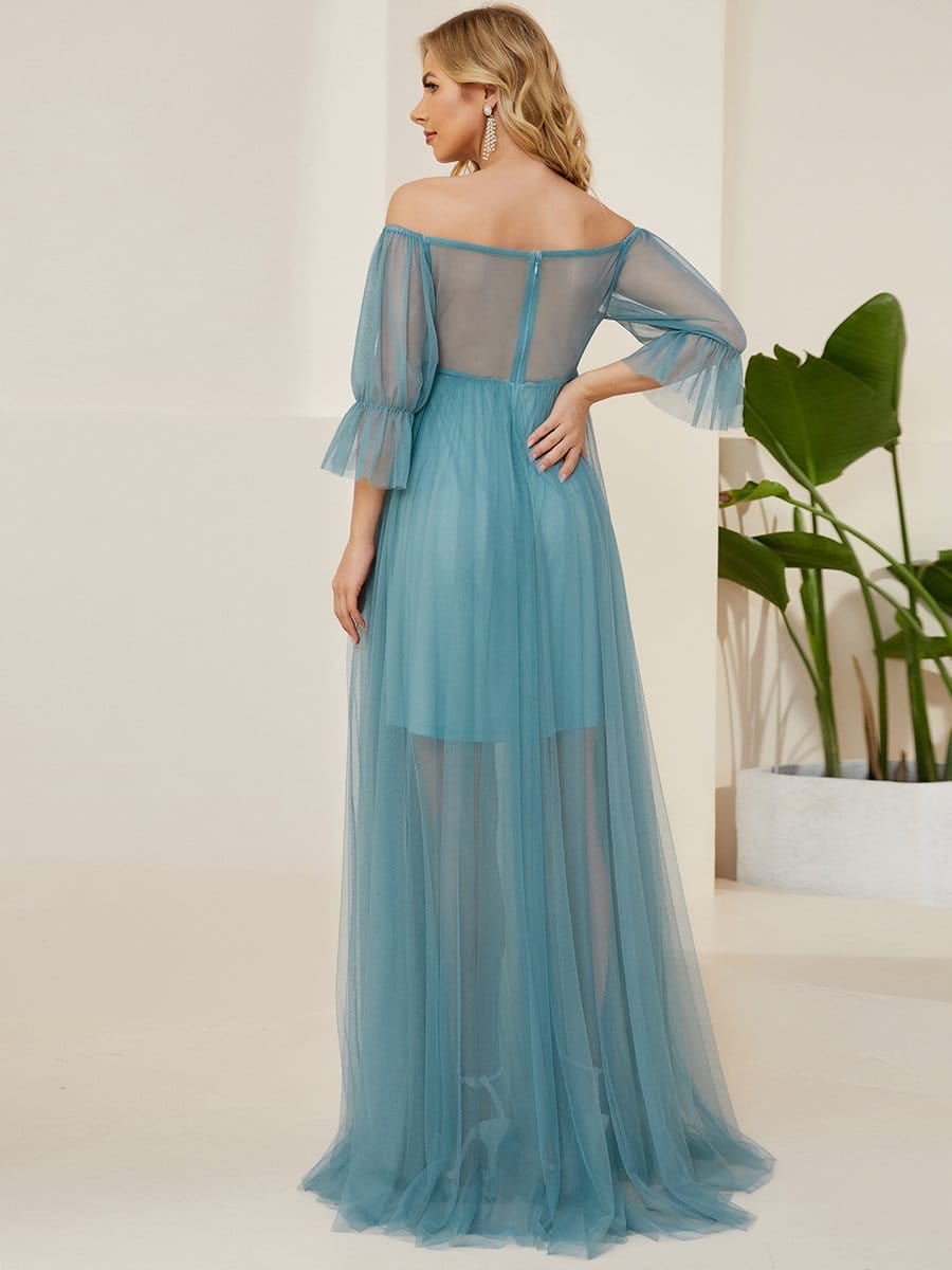 Off the Shoulder Pleated Tulle Maxi Maternity Dress