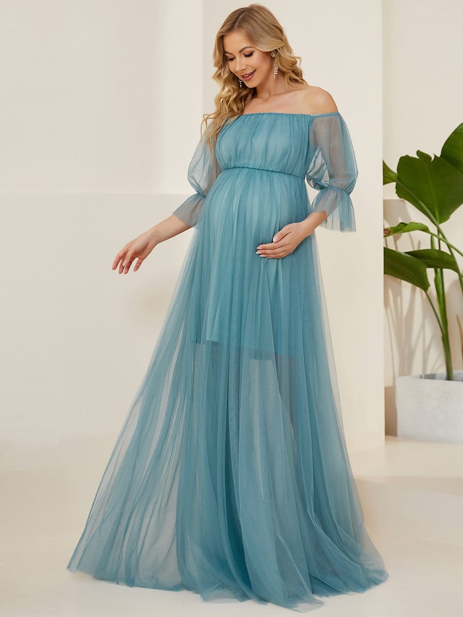 Off the Shoulder Pleated Tulle Maxi Maternity Dress