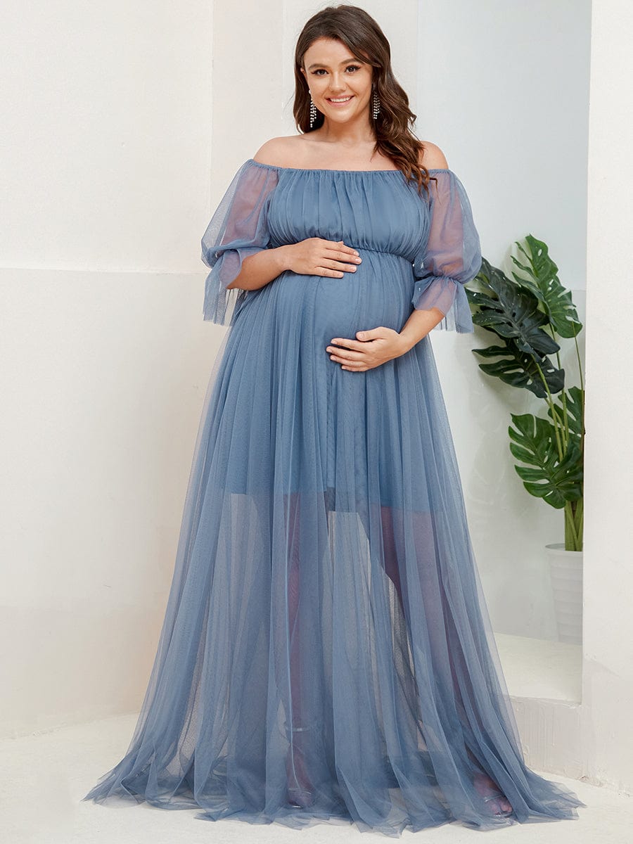 Plus Size Off the Shoulder Pleated Maxi Tulle Maternity Dress