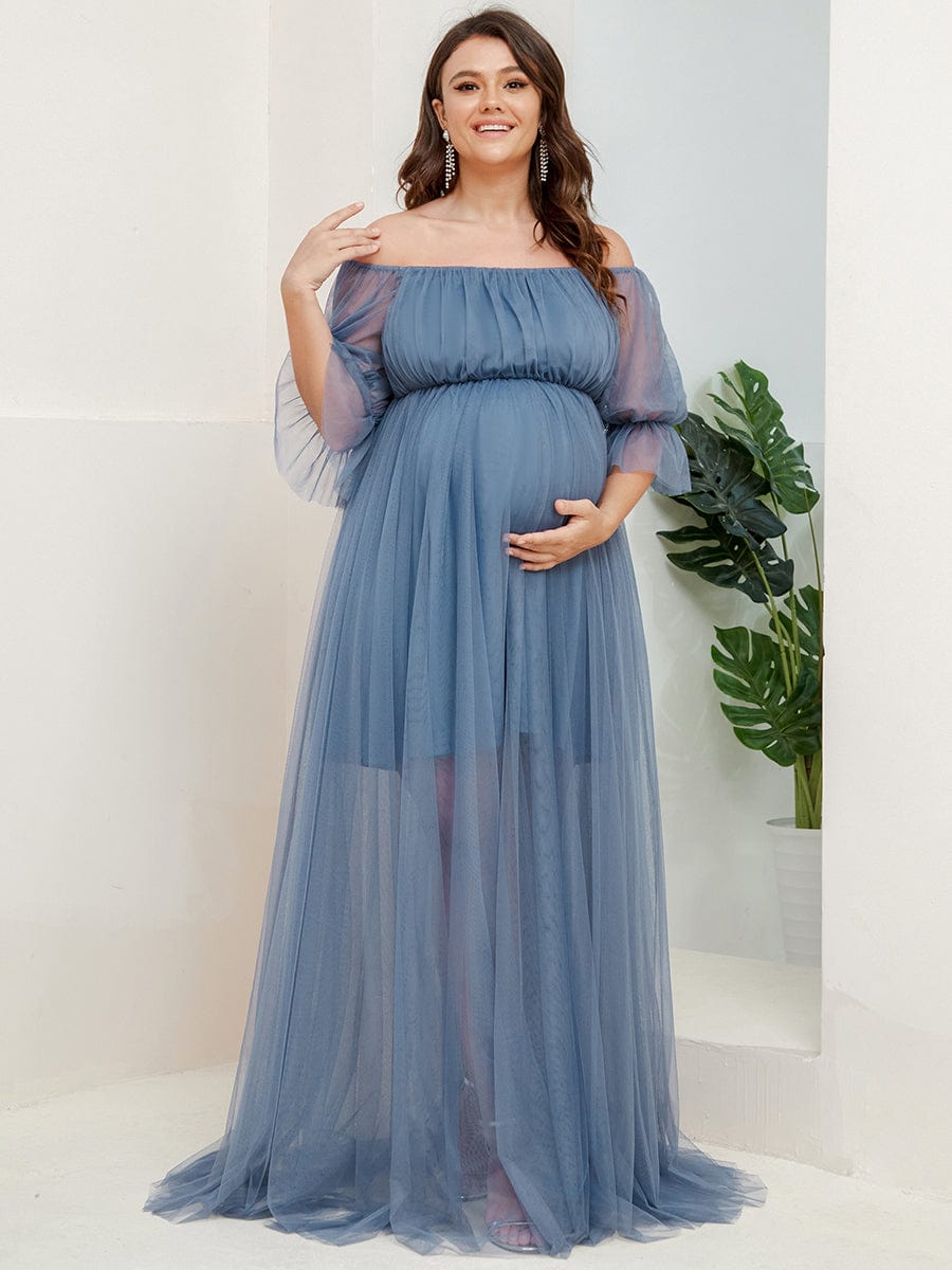 Plus Size Off the Shoulder Pleated Maxi Tulle Maternity Dress