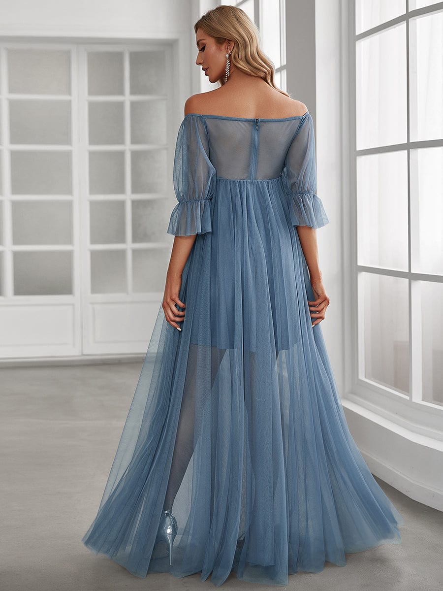 Off the Shoulder Pleated Tulle Maxi Maternity Wedding Guest Dress