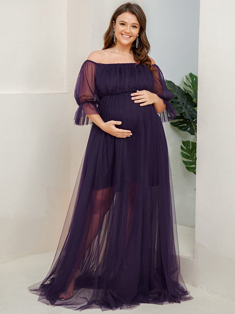 Plus Size Off the Shoulder Pleated Maxi Tulle Maternity Dress