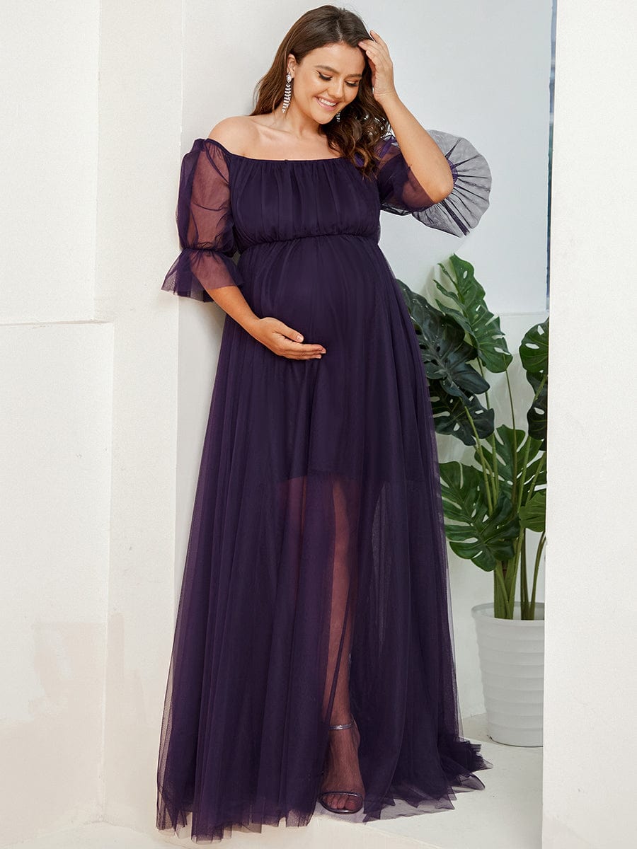 Plus Size Off the Shoulder Pleated Maxi Tulle Maternity Dress