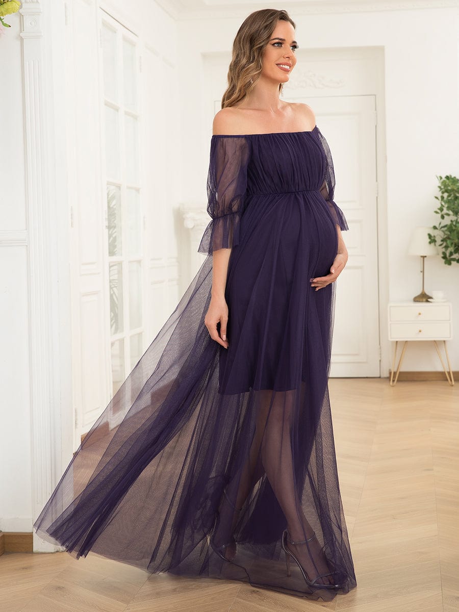 Off the Shoulder Pleated Tulle Maxi Maternity Dress