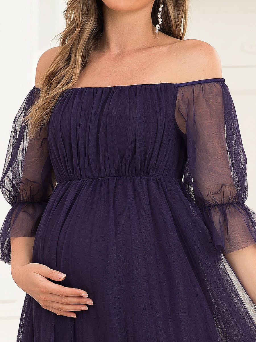 Off the Shoulder Pleated Tulle Maxi Maternity Dress