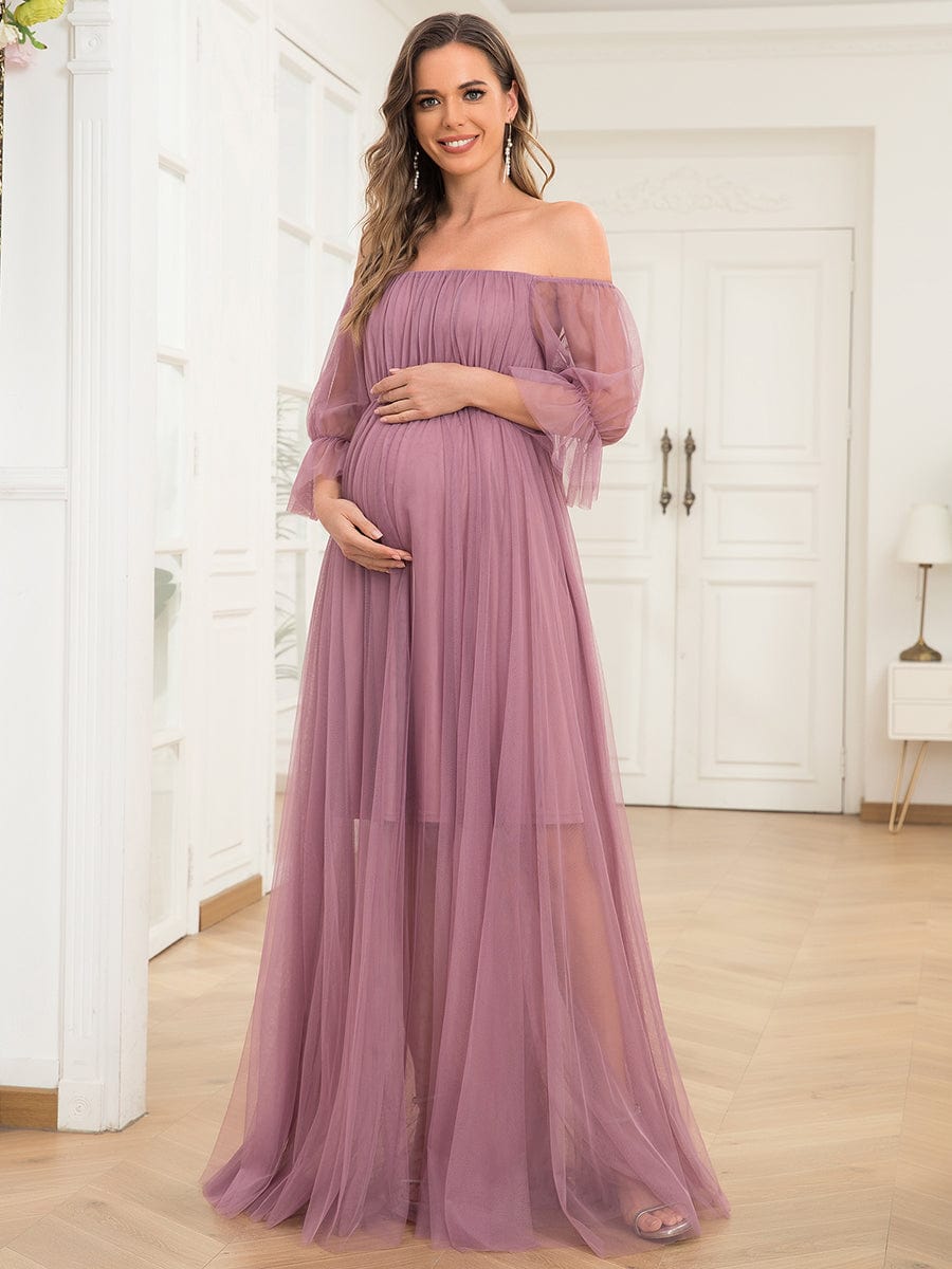 Off the Shoulder Pleated Tulle Maxi Maternity Dress