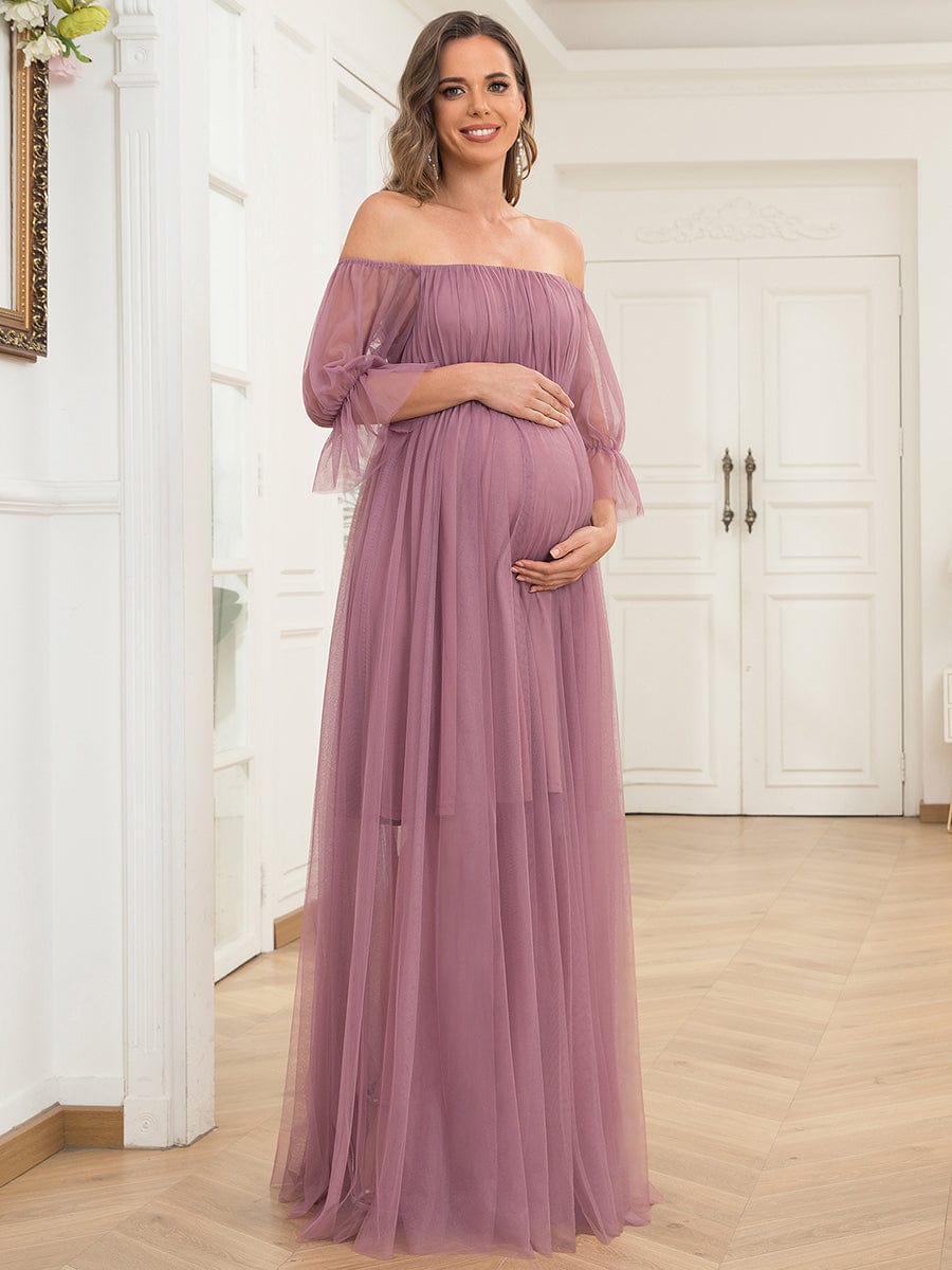 Off the Shoulder Pleated Tulle Maxi Maternity Dress