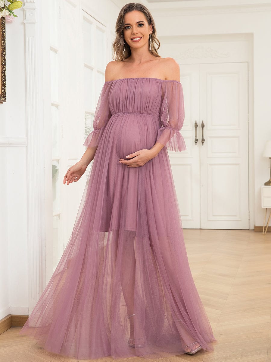 Off the Shoulder Pleated Tulle Maxi Maternity Dress