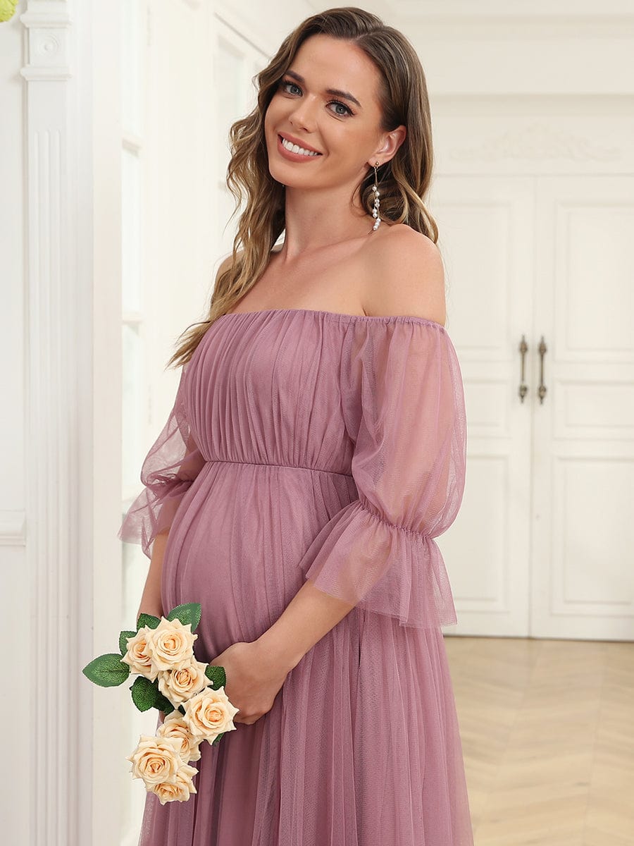 Off the Shoulder Pleated Tulle Maxi Maternity Dress