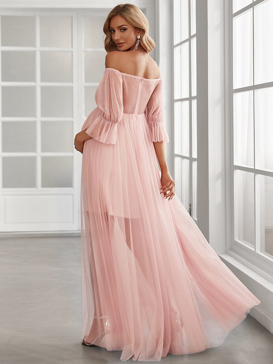 Off the Shoulder Pleated Tulle Maxi Maternity Dress