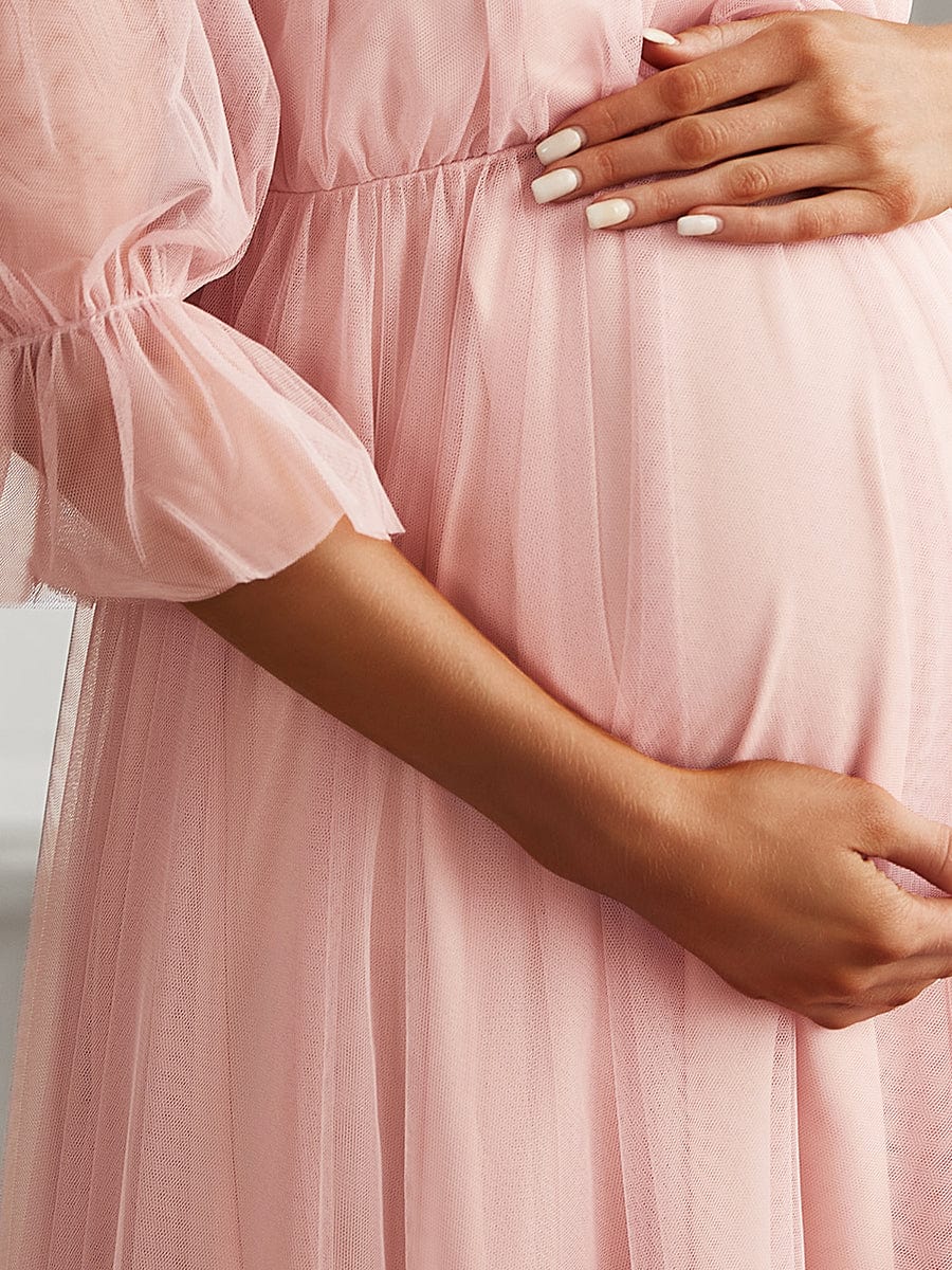 Off the Shoulder Pleated Tulle Maxi Maternity Dress