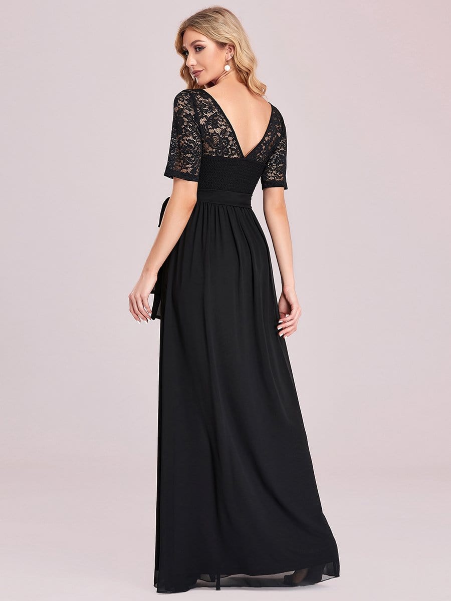 Women's Elegant Lace & Chiffon Maxi Evening Dress with Belt