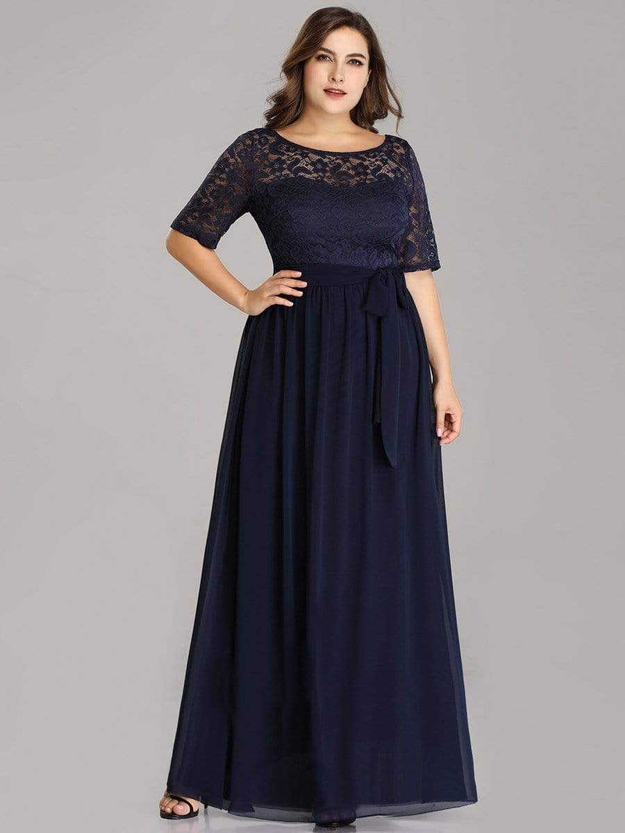 Women's Elegant Lace & Chiffon Maxi Evening Dress with Belt