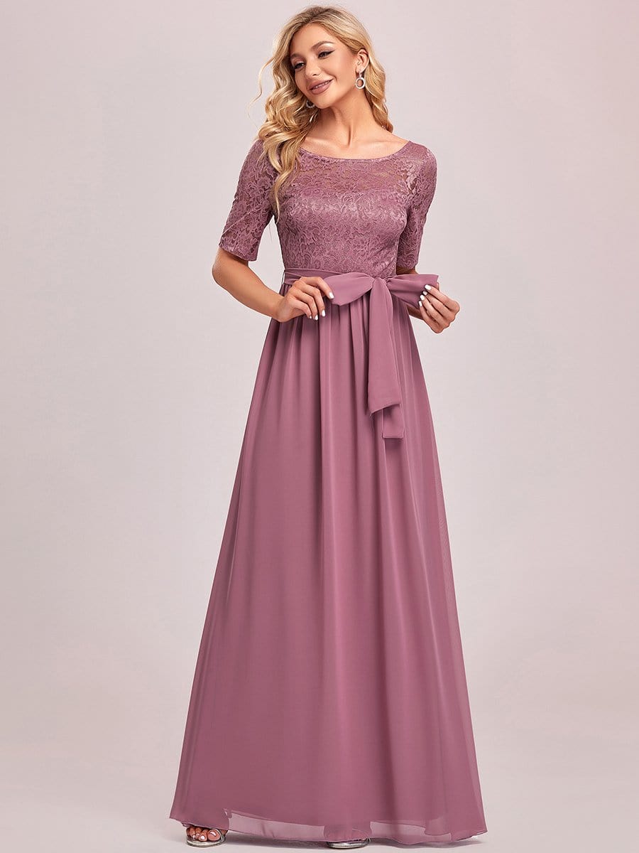 Women's Elegant Lace & Chiffon Maxi Evening Dress with Belt