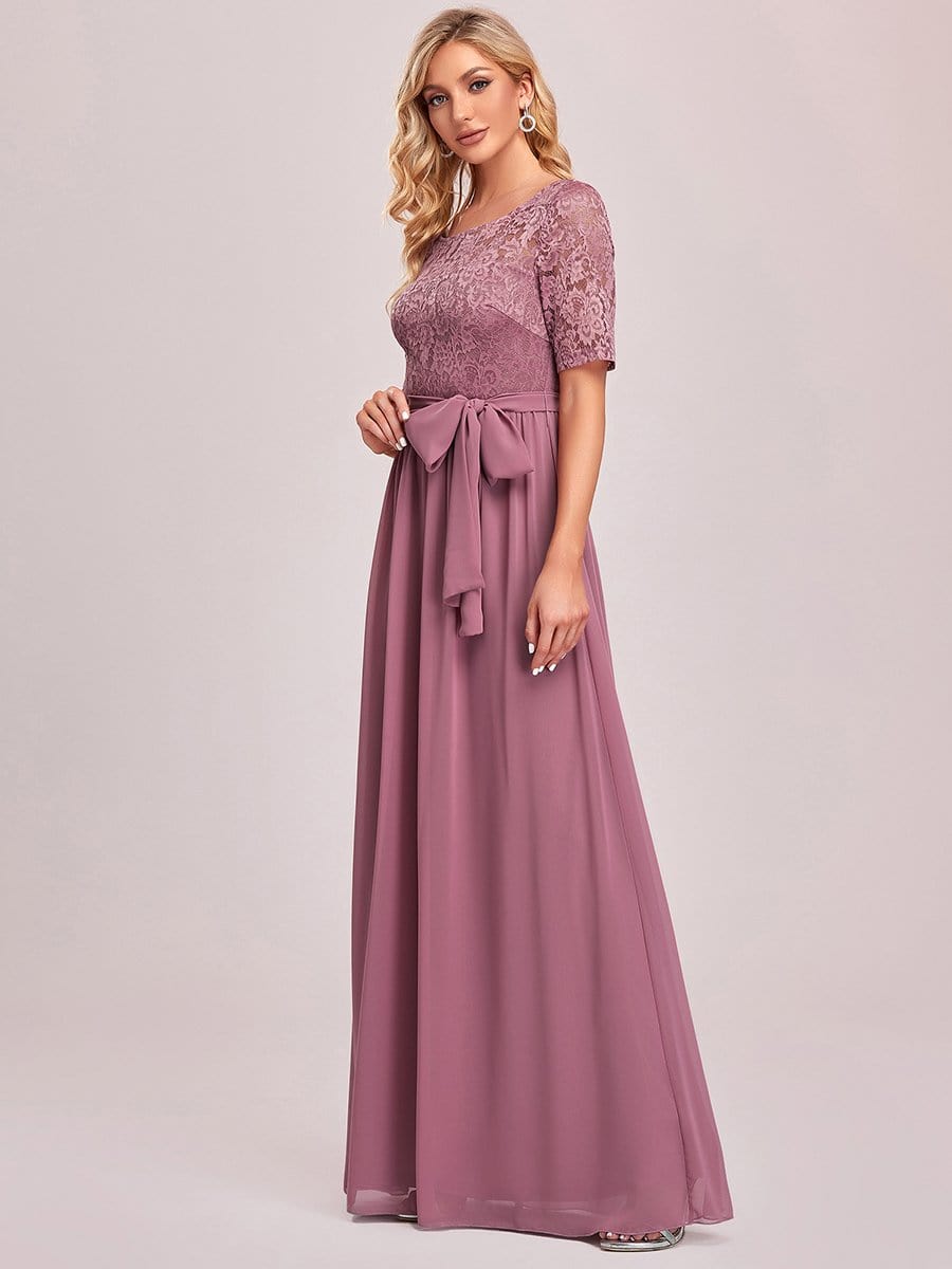 Women's Elegant Lace & Chiffon Maxi Evening Dress with Belt