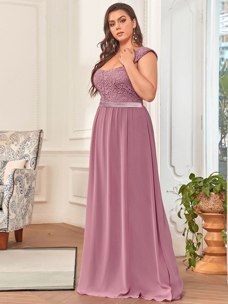 Plus Size Elegant A Line Long Chiffon Bridesmaid Dress With Lace Bodice