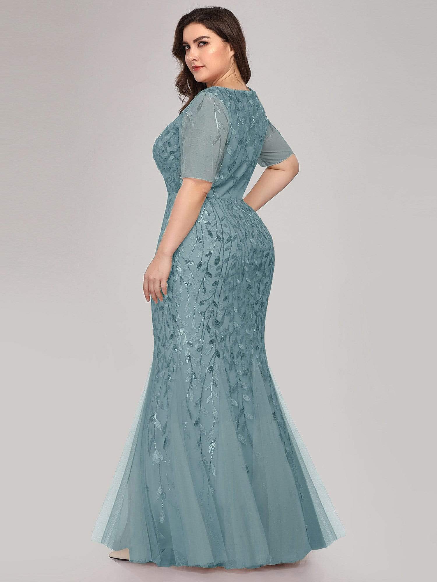 Plus Size Sequin Leaf Long Mermaid Tulle Prom Dress