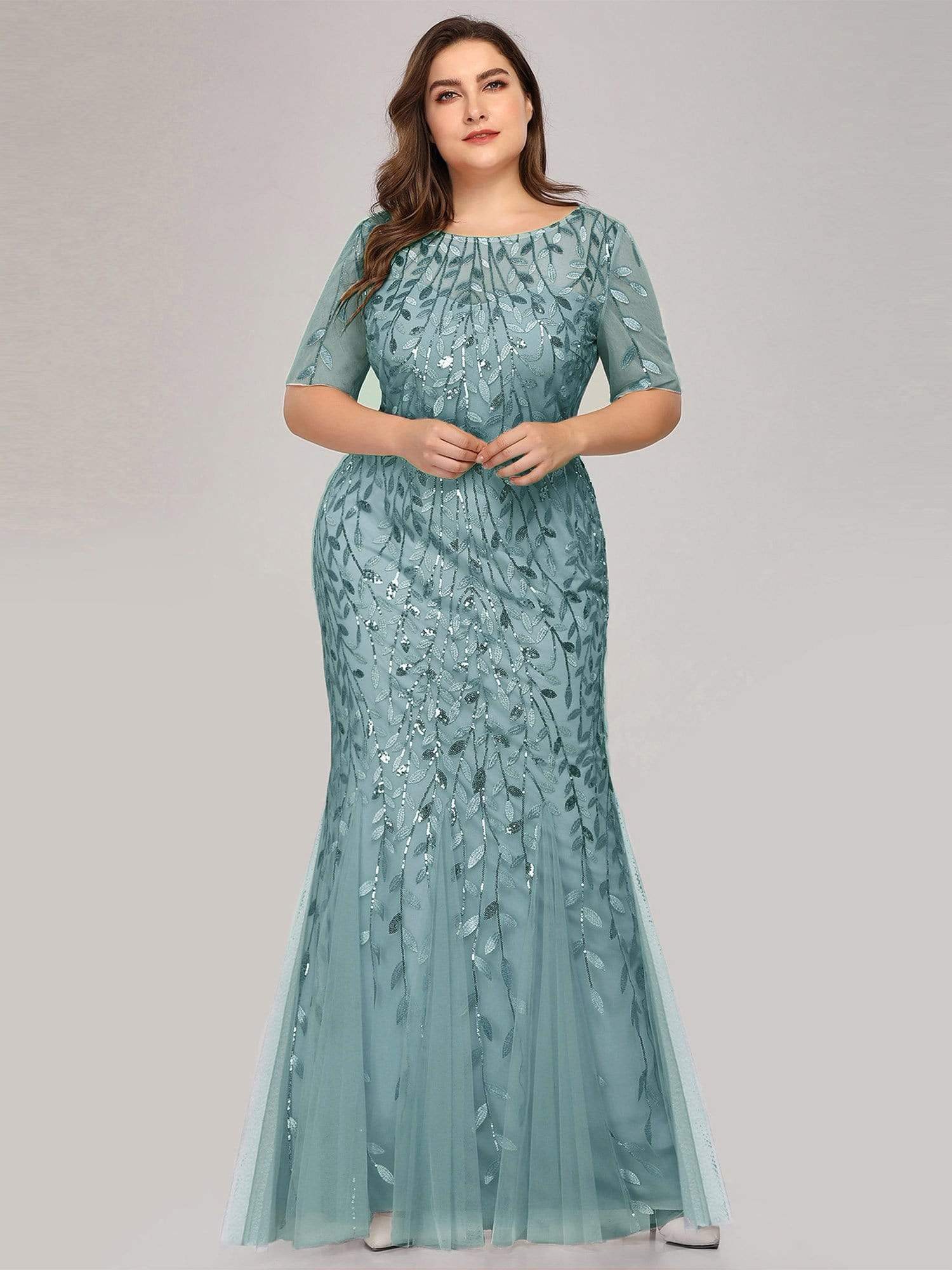 Plus Size Sequin Leaf Long Mermaid Tulle Prom Dress