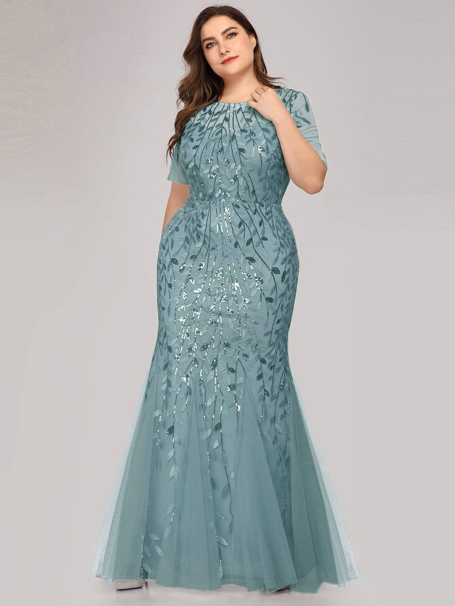 Plus Size Sequin Leaf Long Mermaid Tulle Prom Dress