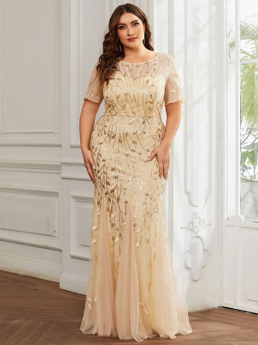 Plus Size Sequin Leaf Long Mermaid Tulle Prom Dress