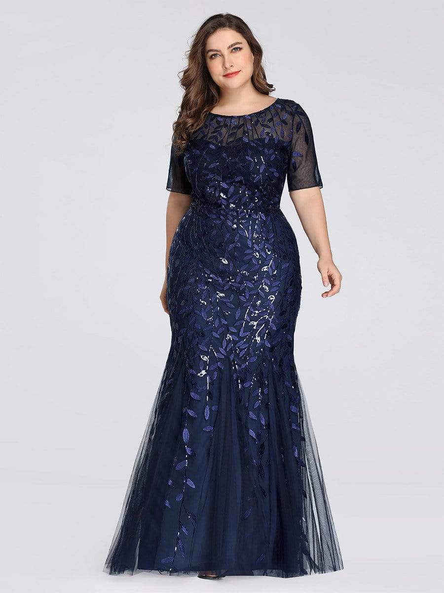 Plus Size Sequin Leaf Long Mermaid Tulle Prom Dress