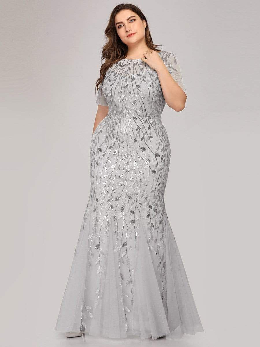 Plus Size Sequin Leaf Long Mermaid Tulle Prom Dress