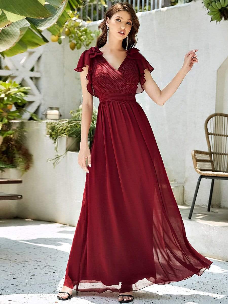 Maxi Long Chiffon Evening Dress for Women with Ruffles Sleeves