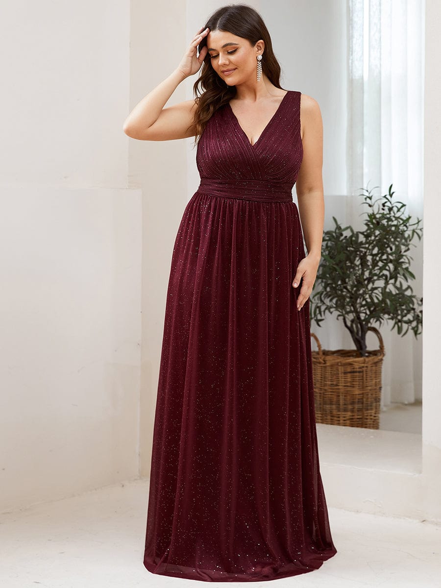 Double V Neck Maxi Long Plus Size Sparkly Evening Dresses for Party