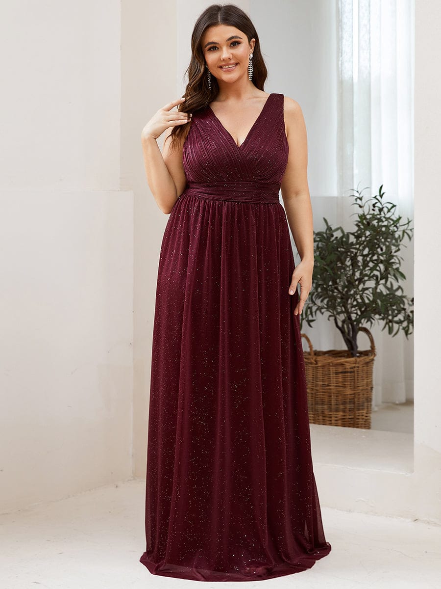 Double V Neck Maxi Long Plus Size Sparkly Evening Dresses for Party