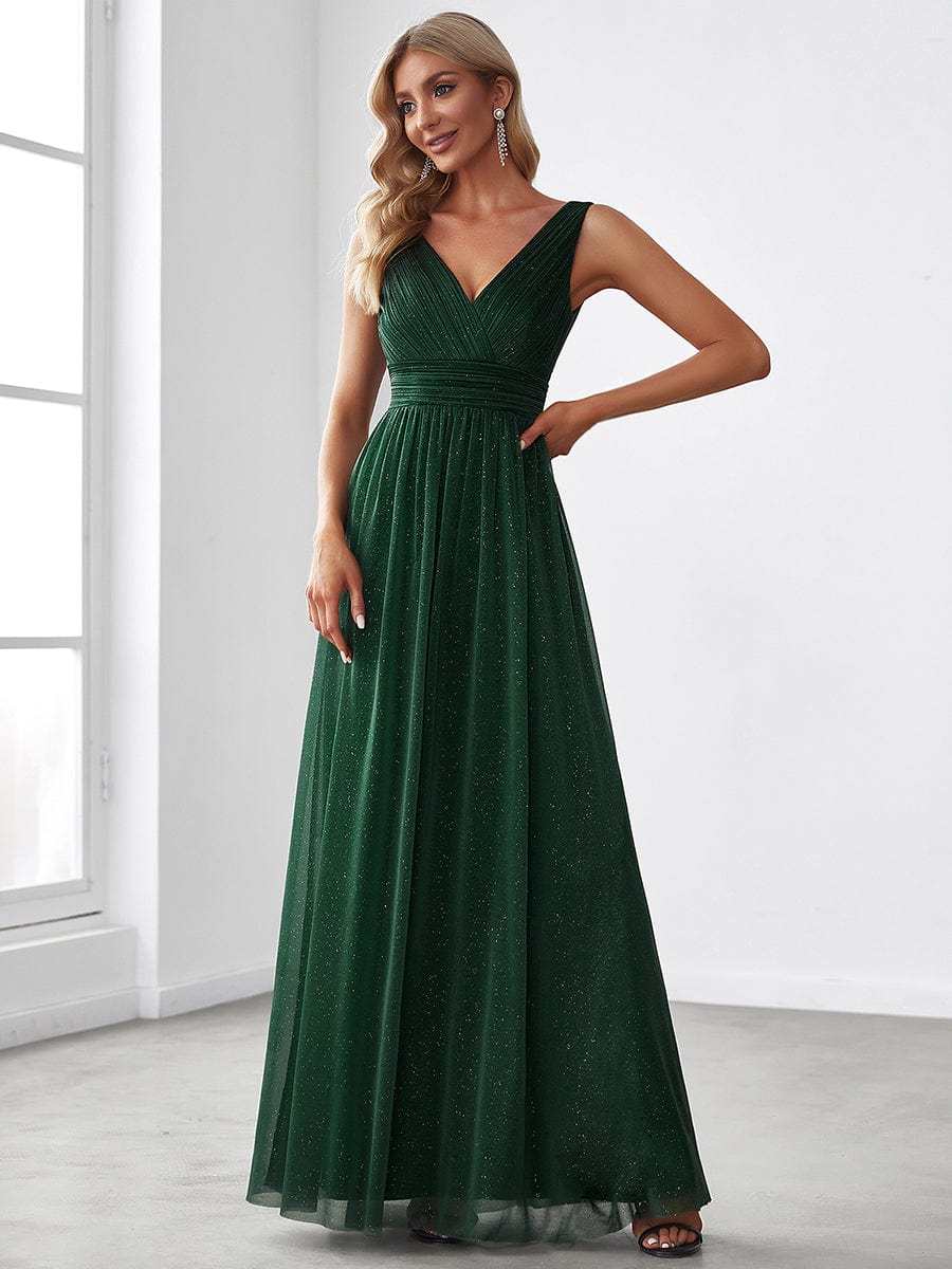 Custom Size Double V Neck Floor Length Sparkly Evening Dresses for Party