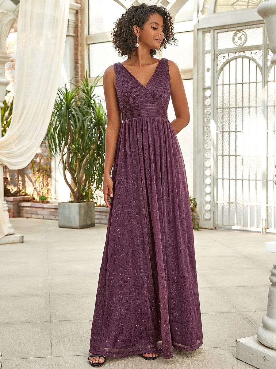 Maxi Double V Neck Floor Length Sparkly Wedding Guest Dress