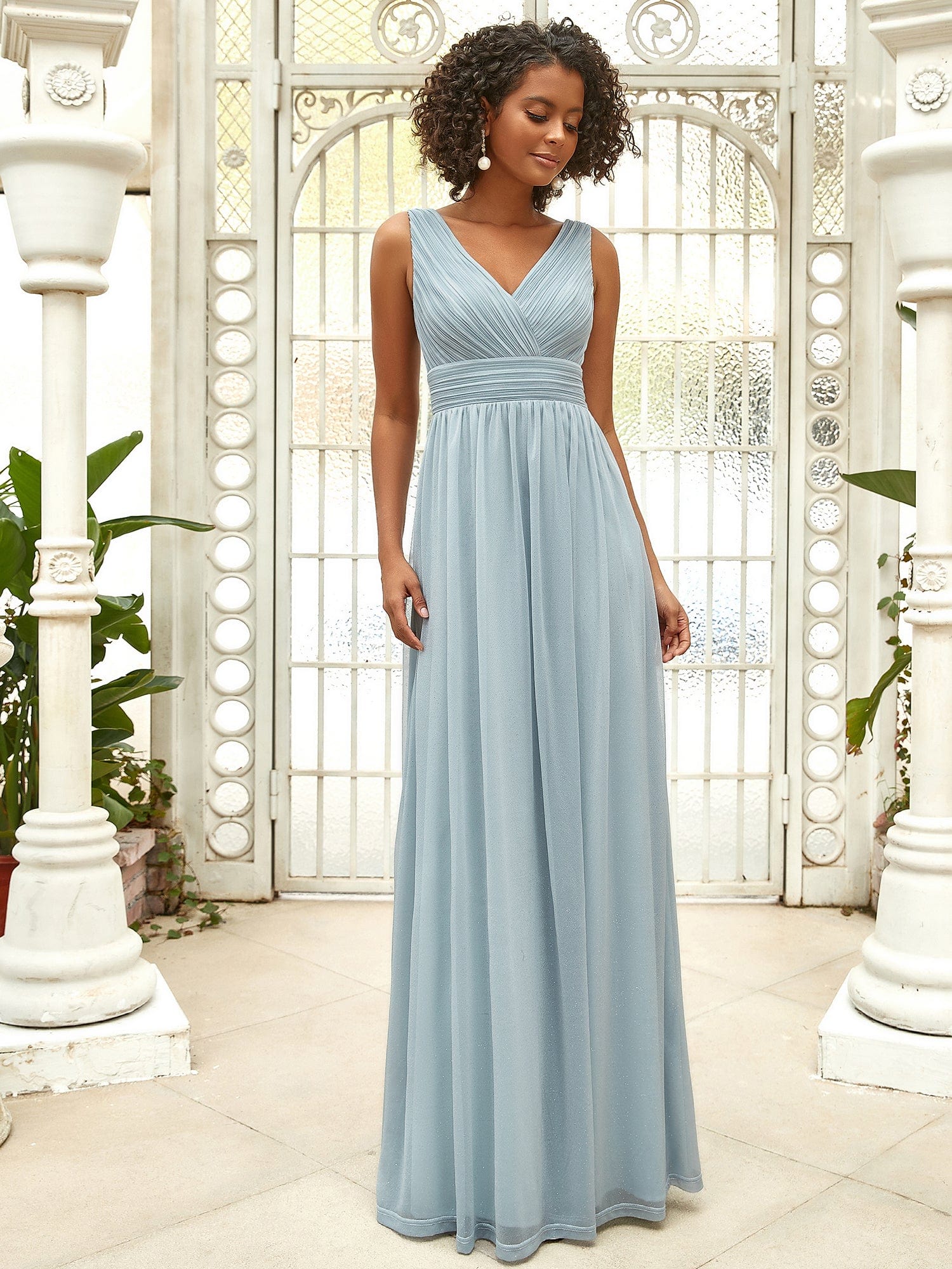 Maxi Double V Neck Floor Length Sparkly Wedding Guest Dress