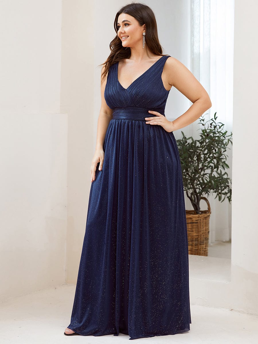 Double V Neck Maxi Long Plus Size Sparkly Evening Dresses for Party