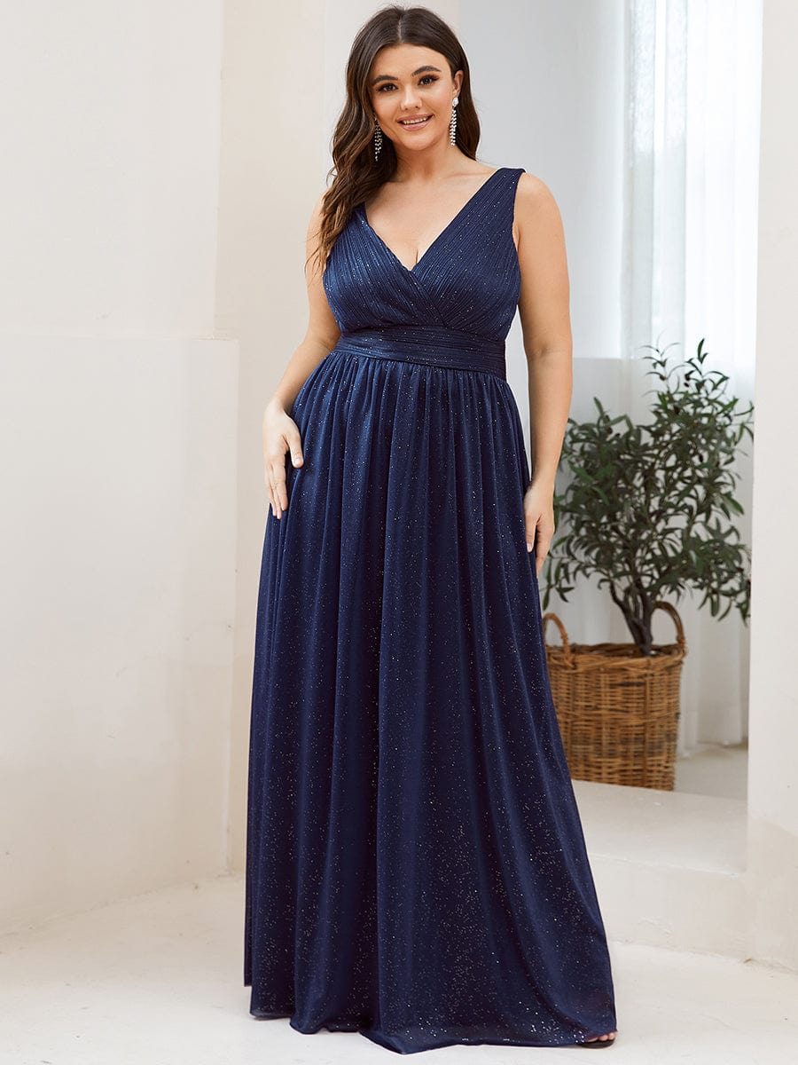 Double V Neck Maxi Long Plus Size Sparkly Evening Dresses for Party