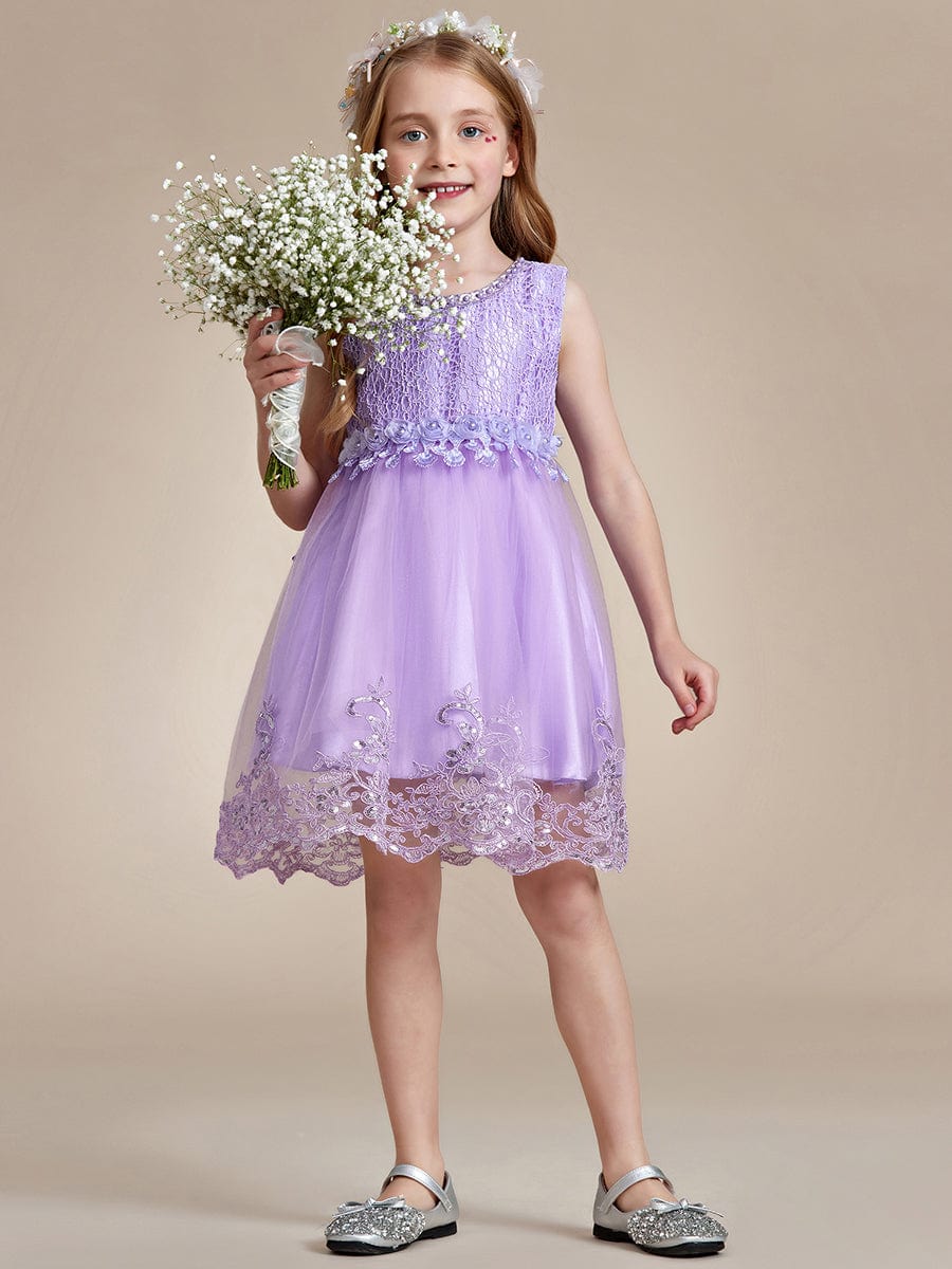 Beaded Lace Applique Sleeveless Flower Girl Dress With Back Bow-Knot