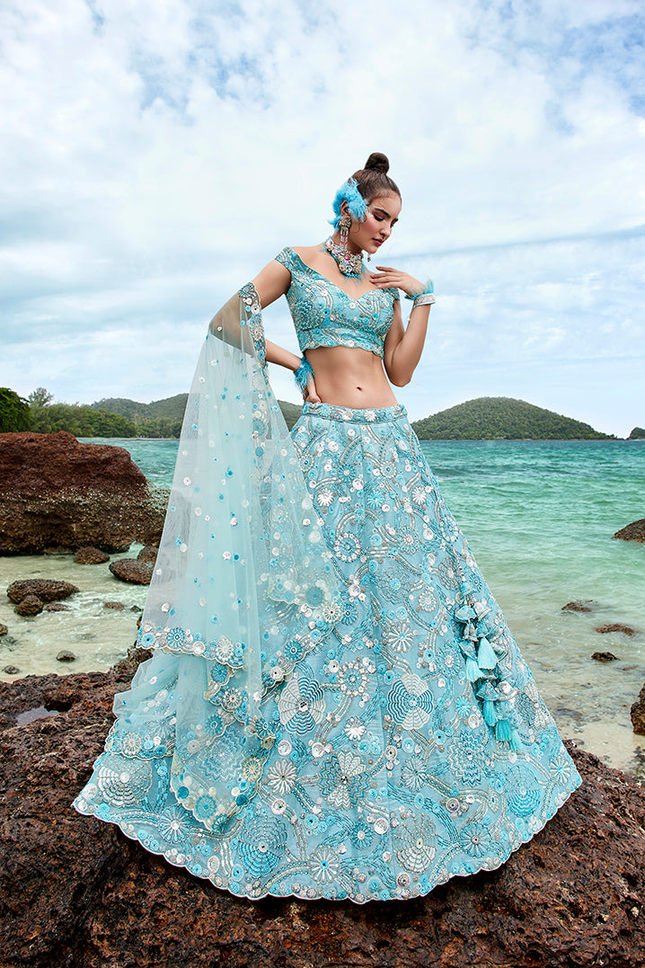 Sky blue Organza Sequins, Zarkan and thread embroidery Lehenga choli & Dupatta