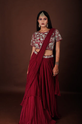 Maroon Georgette Drape Style Saree - Online Rent Clothes