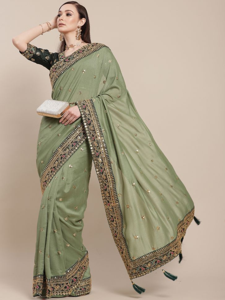 Bottle Green Color Sequined Georgette Party Wear Saree - Rent