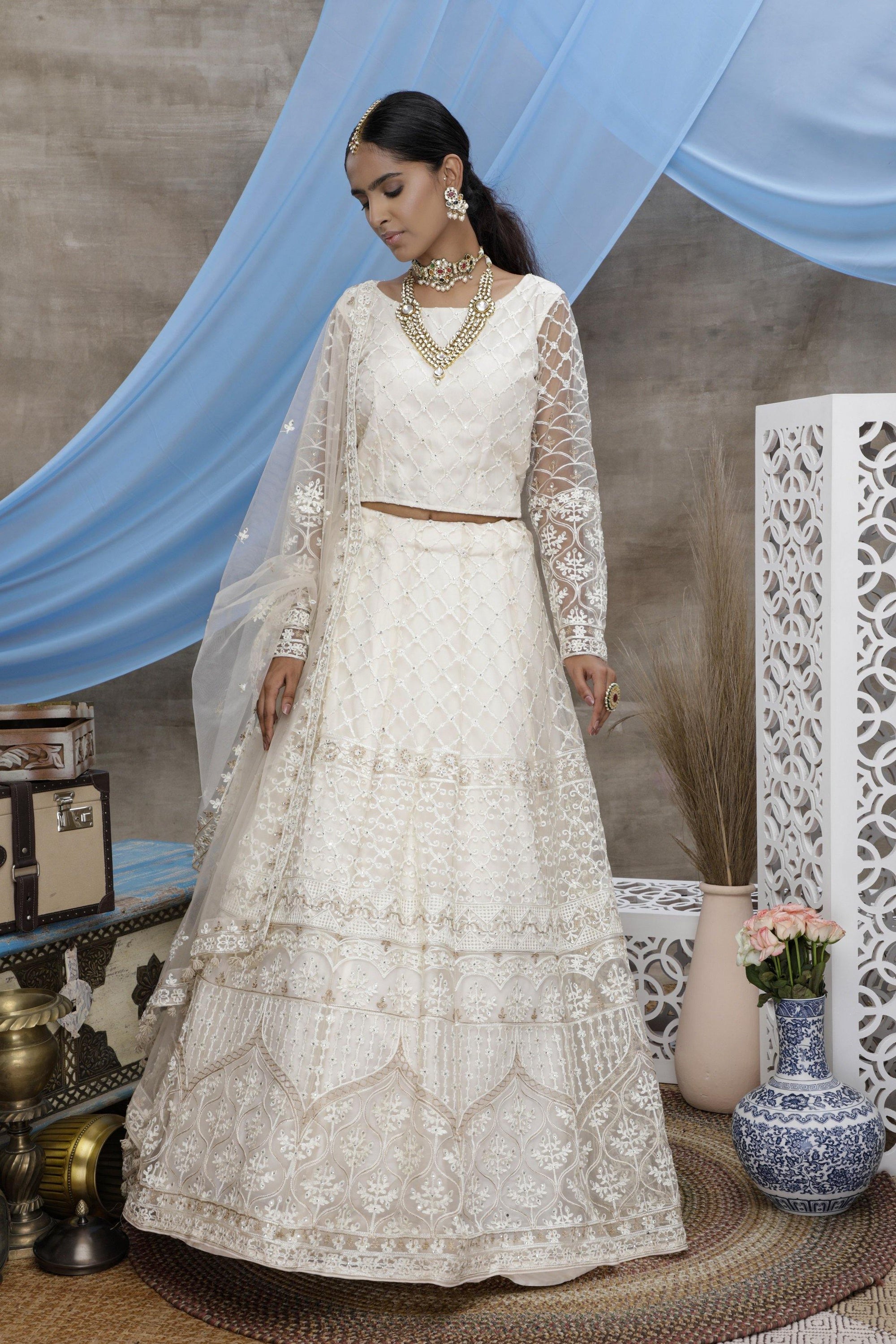 Long Queen Weading Xxx - White Embroidered Soft Net Lehenga Choli - Rent - Glamourental