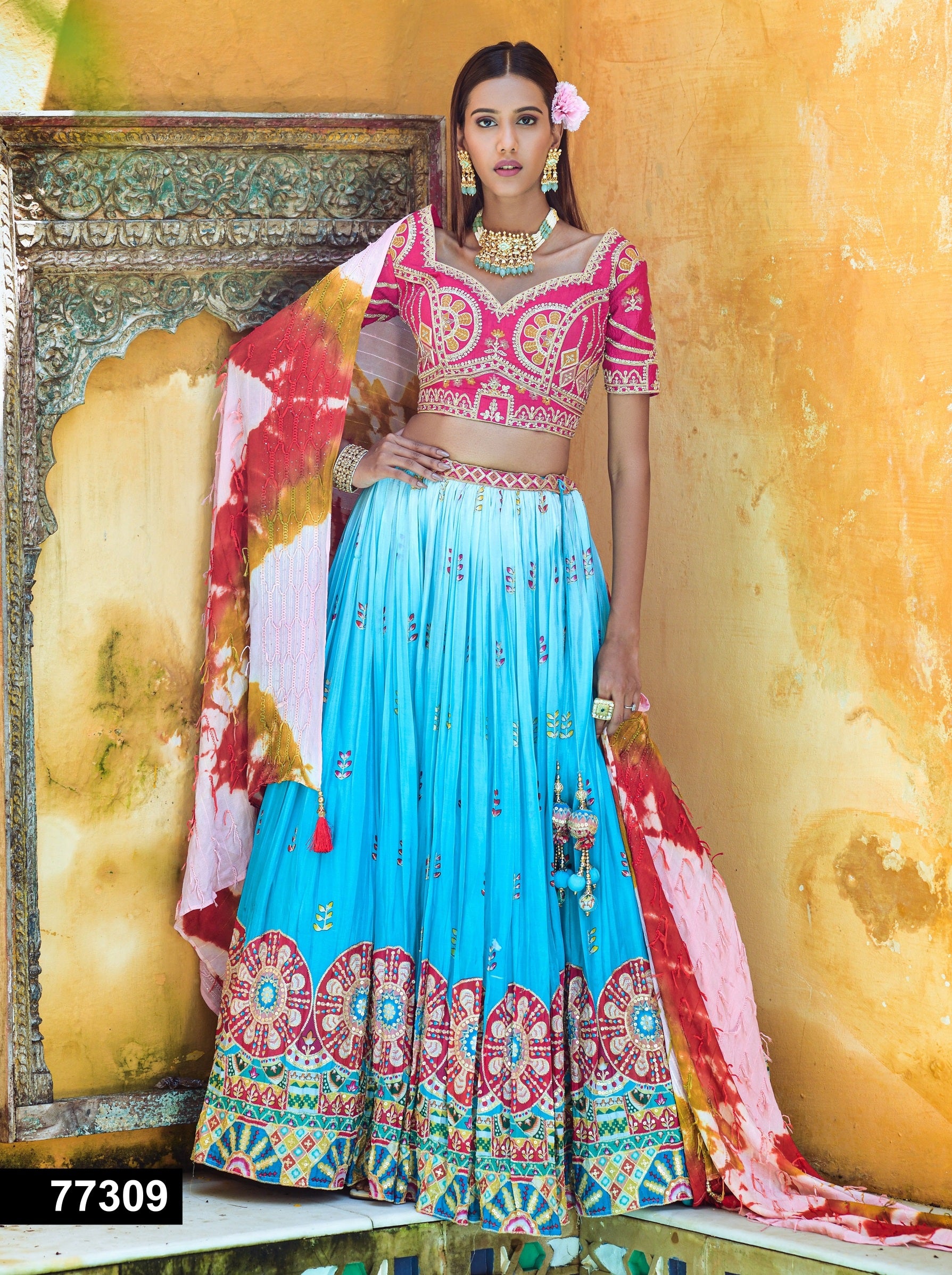 Mustard peplum jacket Lehenga with pink tassels – Ricco India