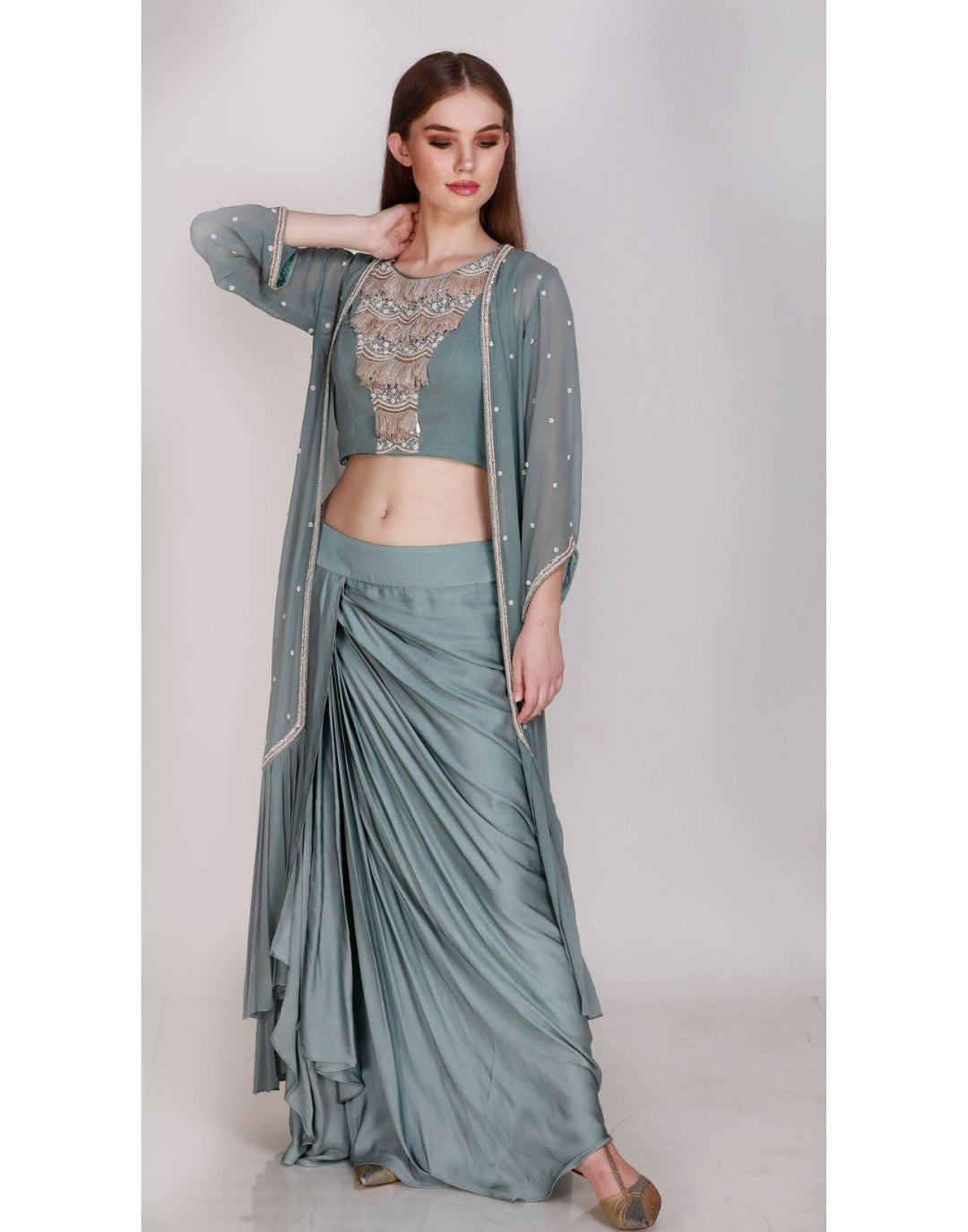 Cowl Skirt Saree with Off Shoulder Top – Aapro